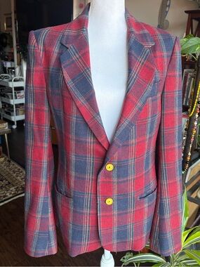 Women's Red & Navy Plaid 2 Button Blazer with Notch Lapels size S